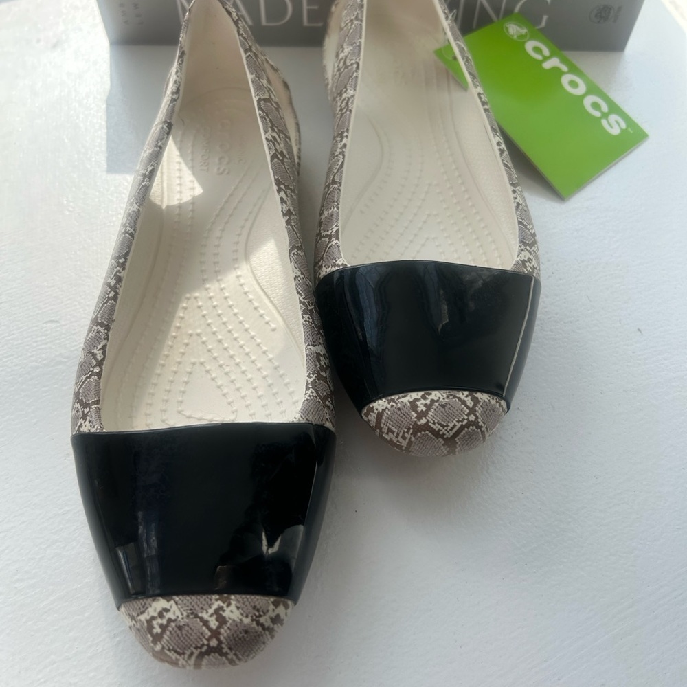 CROCS Women's Snake-Print Ballet Flats with Black Patent Toe